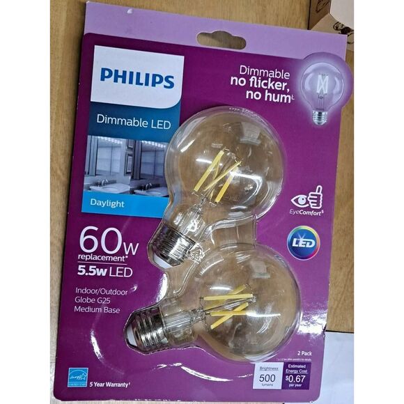 2 pack Philips 60-Watt Equivalent Daylight G25 Dimmable Globe LED Light Bulb E26 - Picture 2 of 2
